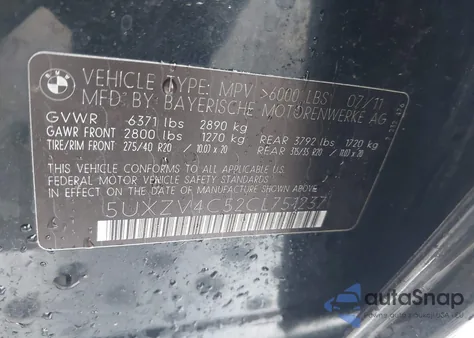 2012 BMW X5 xDrive35I/xDrive35I Premium/xDrive35I Sport Activity z USA, uszkodzony, nr VIN 5UXZV4C52CL751237